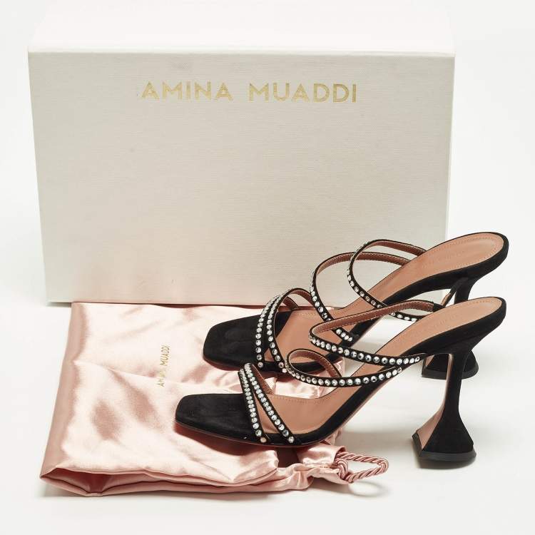 Pre Owned Amina Muaddi Naima Crystal Embellished Size 37.5 Black Suede Slide Sandals