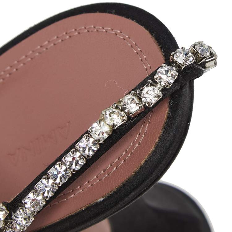 Pre Owned Amina Muaddi Black Satin Gilda Sandals Size 38