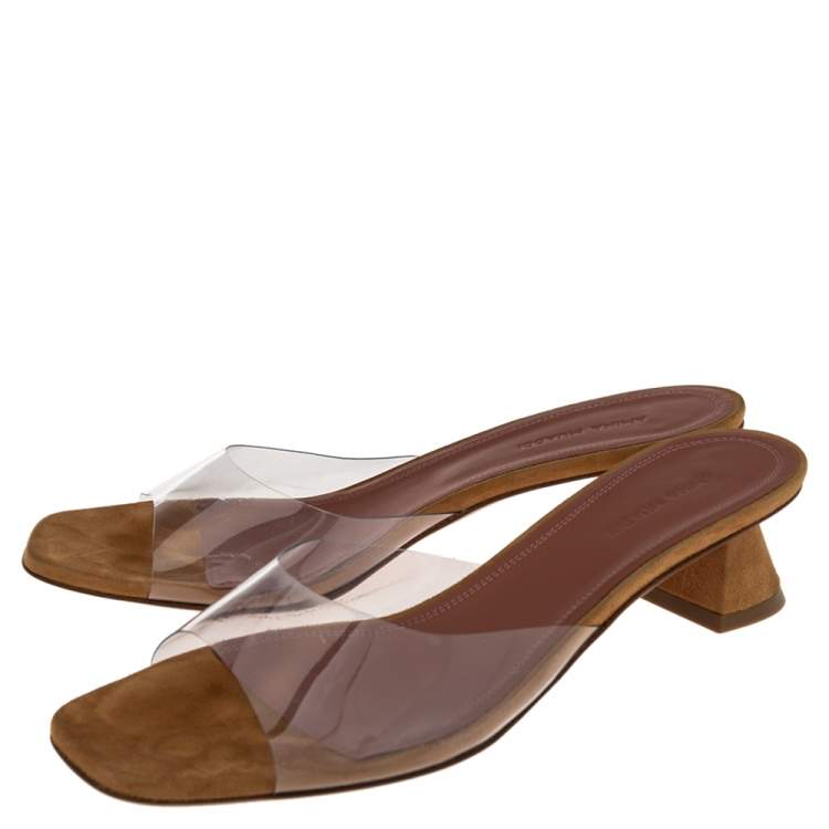 Pre Owned Amina Muaddi Brown/Transparent PVC and Suede Lupita Sandals Size 39.5