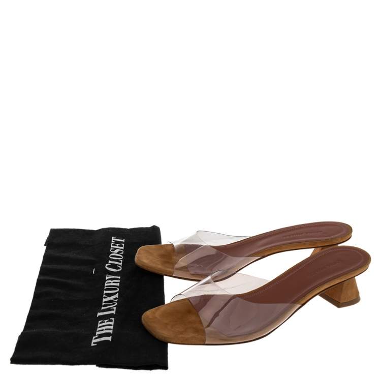 Pre Owned Amina Muaddi Brown/Transparent PVC and Suede Lupita Sandals Size 39.5