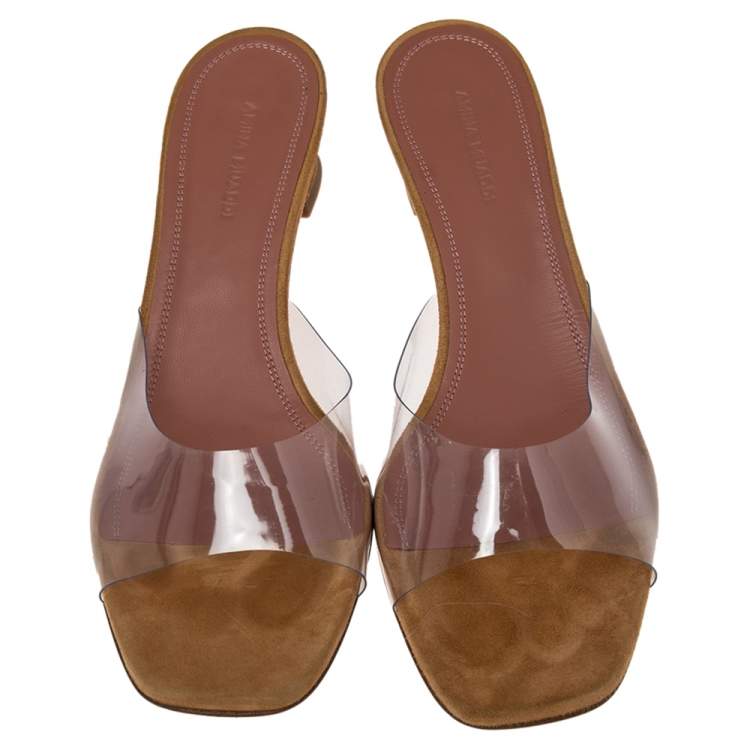 Pre Owned Amina Muaddi Brown/Transparent PVC and Suede Lupita Sandals Size 39.5