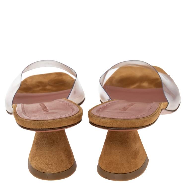 Pre Owned Amina Muaddi Brown/Transparent PVC and Suede Lupita Sandals Size 39.5