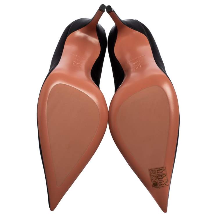 Pre Owned Amina Muaddi Black Satin Romy Crystal-Embellished Pointed-Toe Pumps Size 38.5
