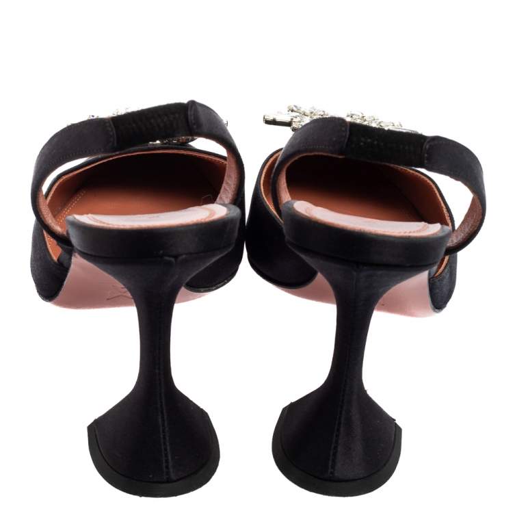 مملوكة مسبقًا Amina Muaddi Black Satin Begum Crystal-Embellished Slingback Pumps Size 38