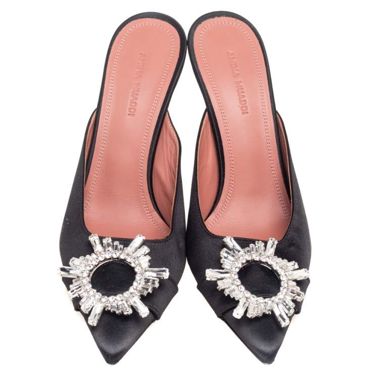 Pre Owned Amina Muaddi Black Satin Crystal Embellished Mules Sandals Size 38