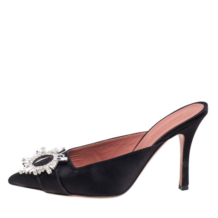 Pre Owned Amina Muaddi Black Satin Crystal Embellished Mules Sandals Size 38