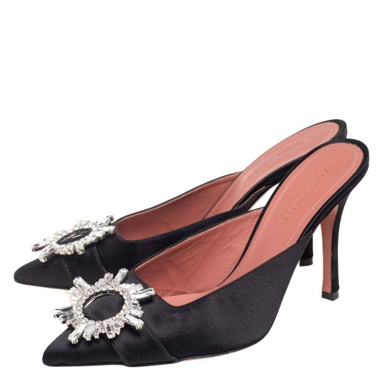 Pre Owned Amina Muaddi Black Satin Crystal Embellished Mules Sandals Size 38