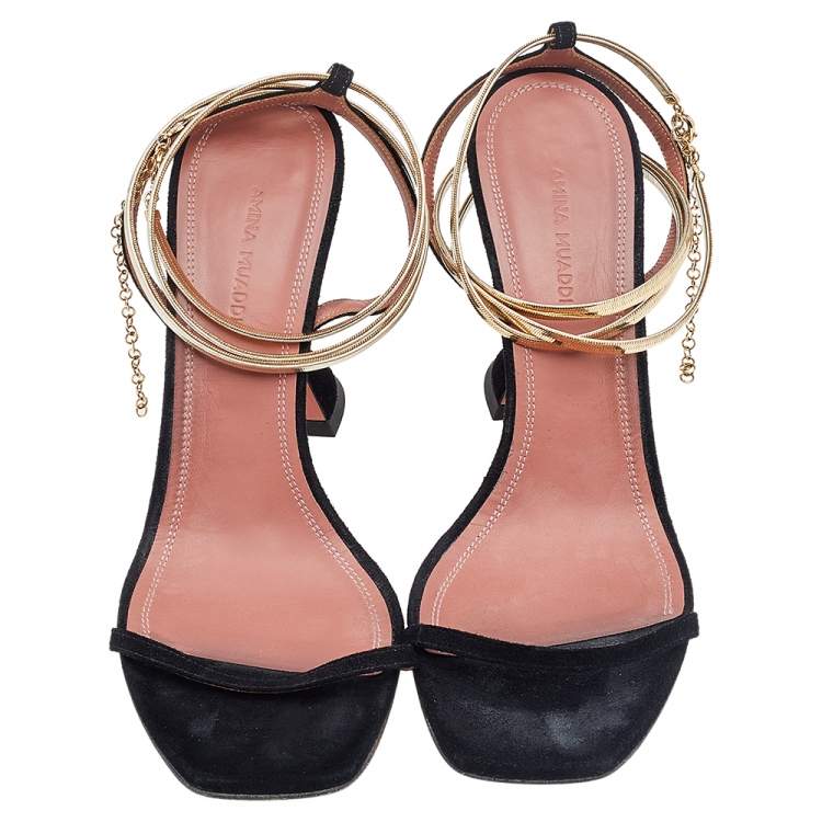 مملوكة مسبقًا Amina Muaddi Black Suede Ankle Strap Sandals Size 39.5