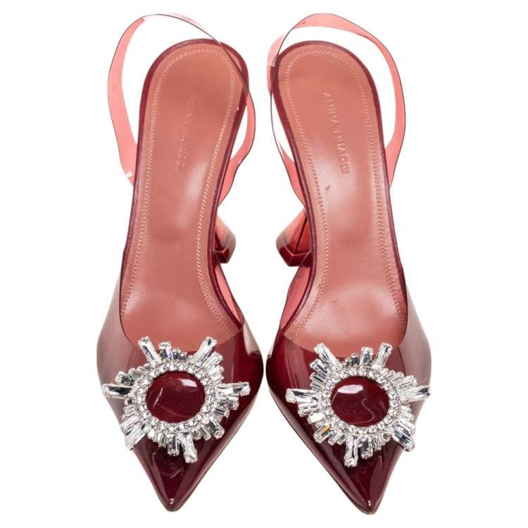 Pre Owned Amina Muaddi Burgundy PVC Begum Glass Slingback Pumps Size 38.5