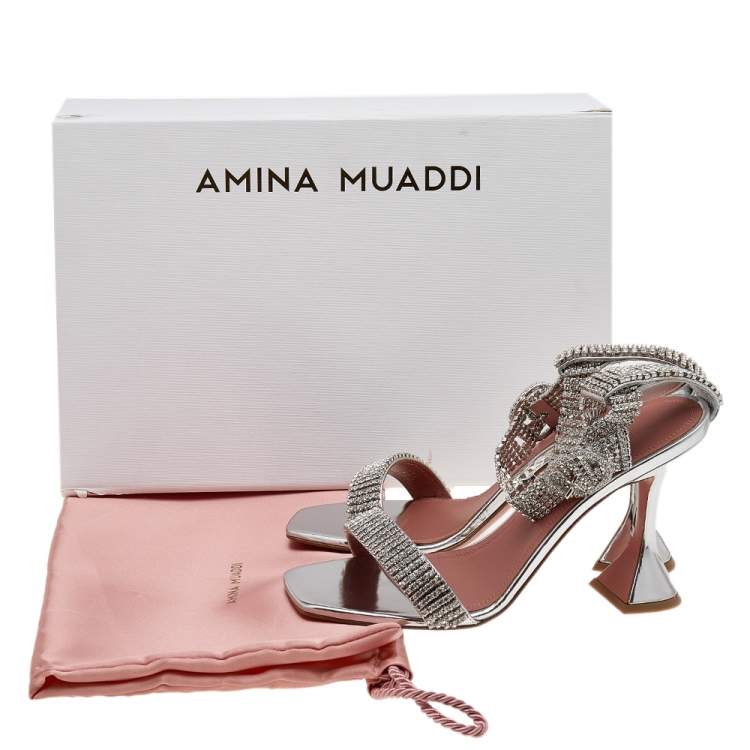 Pre Owned Amina Muaddi Silver Crystal Embellished Leather Jah Jah Ankle Strap Sandals Size 37.5