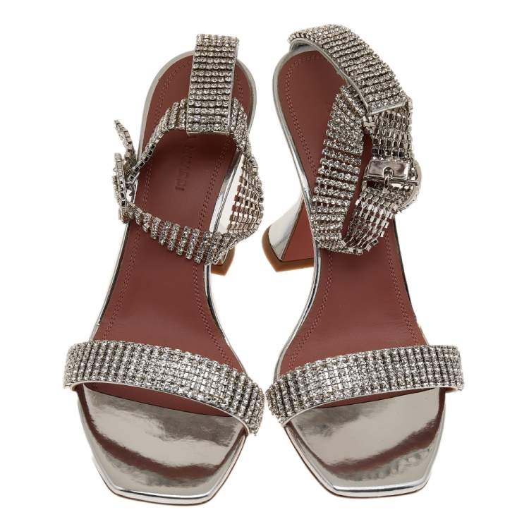 Pre Owned Amina Muaddi Silver Crystal Embellished Leather Jah Jah Ankle Strap Sandals Size 37.5