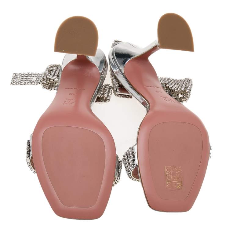 Pre Owned Amina Muaddi Silver Crystal Embellished Leather Jah Jah Ankle Strap Sandals Size 37.5