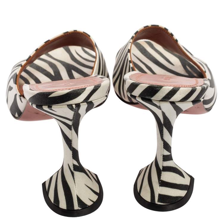Pre Owned Amina Muaddi White/Black Zebra Print Satin Lupita Slide Sandals Size 40