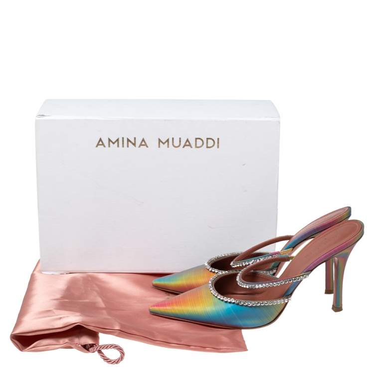 Pre Owned Amina Muaddi Iridescent PVC Crystal Embellished Gilda Mules Sandals Size 40