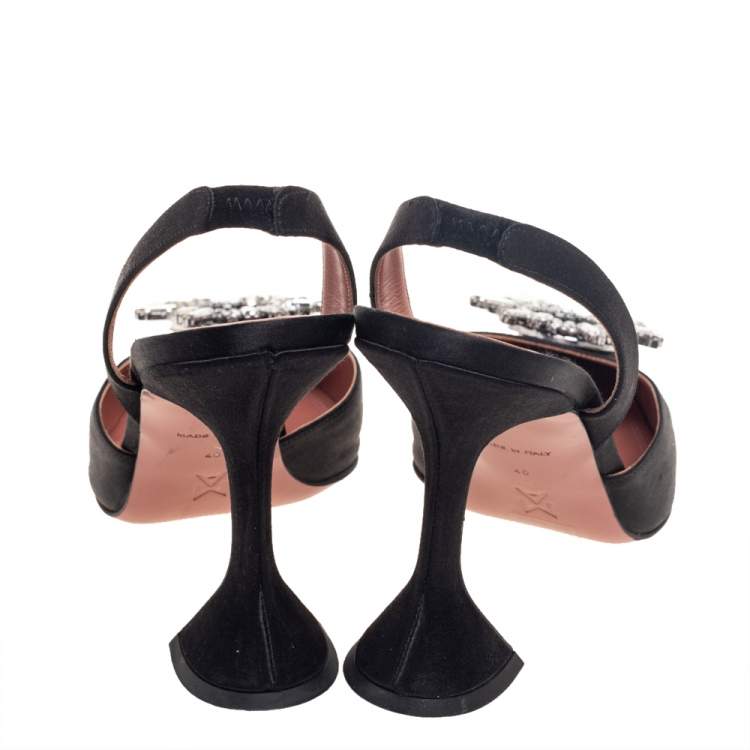 Pre Owned Amina Muaddi Black Satin Begum Crystal-Embellished Slingback Sandals Size 40