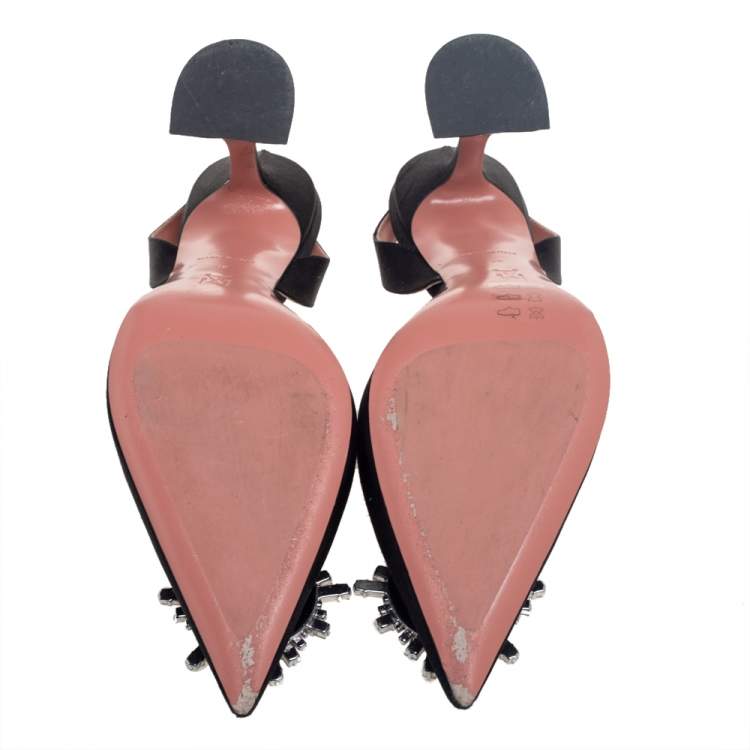 Pre Owned Amina Muaddi Black Satin Begum Crystal-Embellished Slingback Sandals Size 40