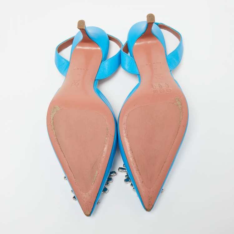 Pre Owned Amina Muaddi Blue Leather Begum Slingback Pumps Size 40