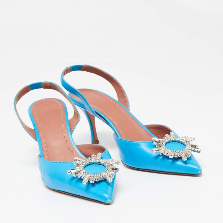 Pre Owned Amina Muaddi Blue Leather Begum Slingback Pumps Size 40
