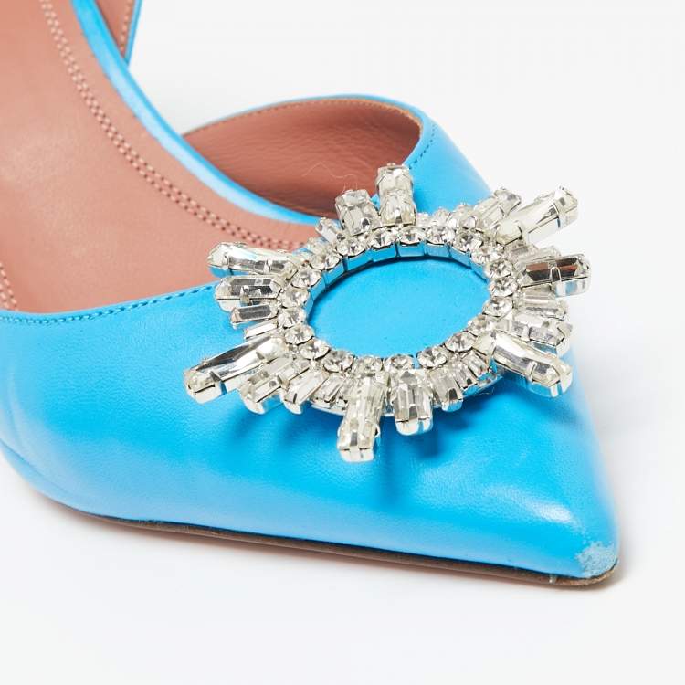 Pre Owned Amina Muaddi Blue Leather Begum Slingback Pumps Size 40
