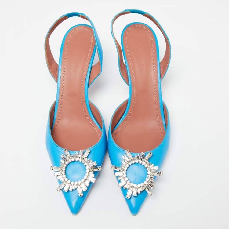 Pre Owned Amina Muaddi Blue Leather Begum Slingback Pumps Size 40