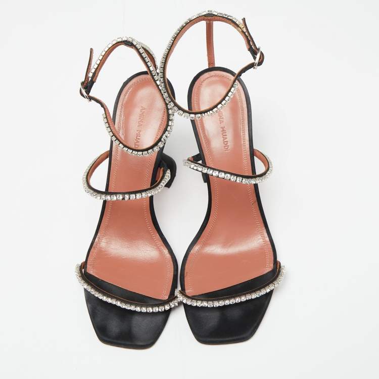 مملوكة مسبقًا Amina Muaddi Black Crystal Embellished Satin Gilda Sandals Size 40