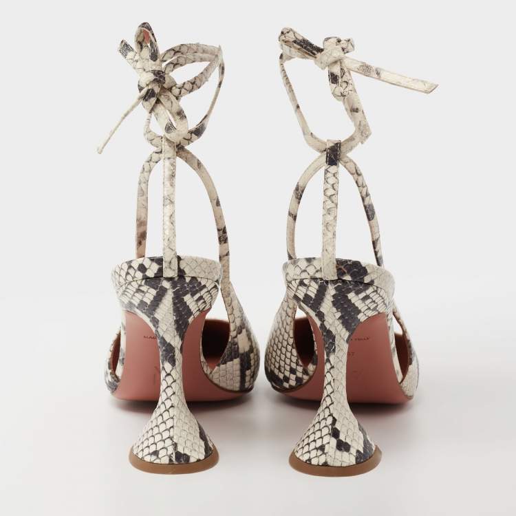 Pre Owned Amina Muaddi White/Black Python Embossed Leather Slingback Ankle-Tie Pointed-Toe Pumps Size 37