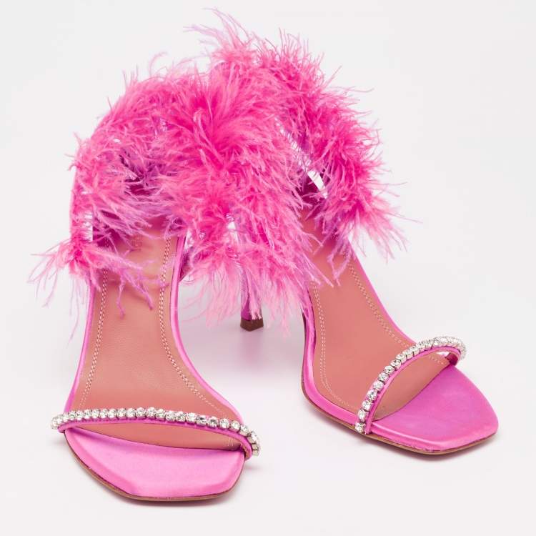 Pre Owned Amina Muaddi Pink Satin And Fur Crystal Embellished Sandals Size 38