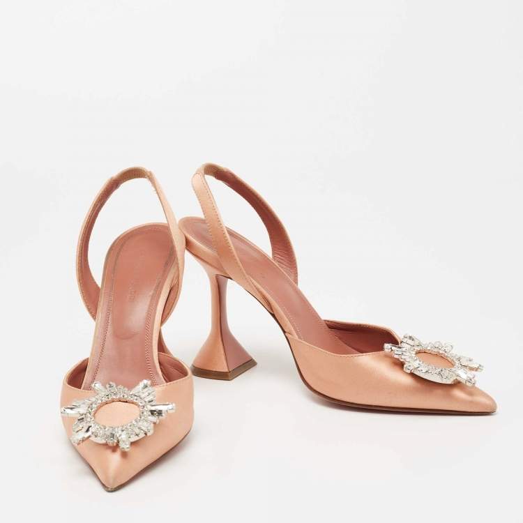 Pre Owned Amina Muaddi Peach Satin Begum Crystal Slingback Pumps Size 37