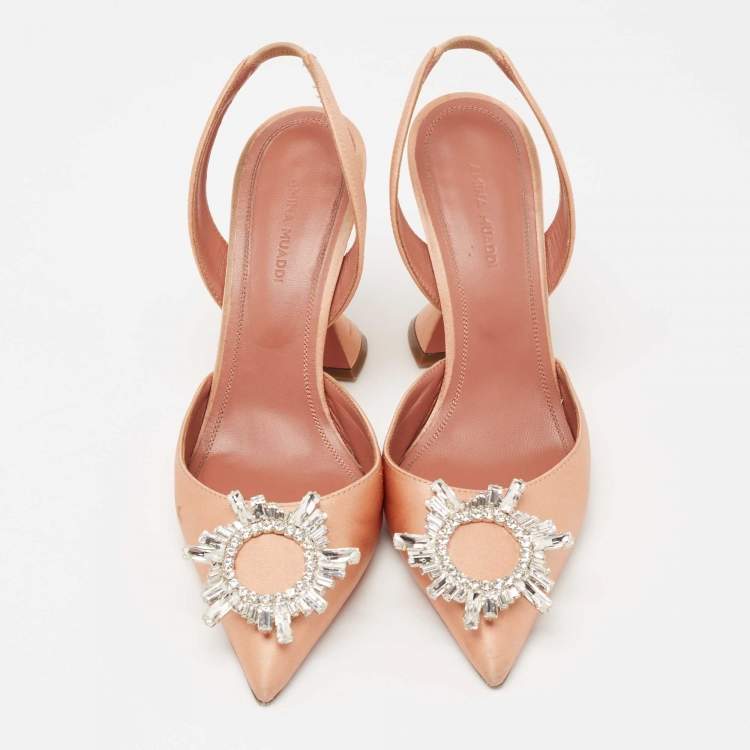 Pre Owned Amina Muaddi Peach Satin Begum Crystal Slingback Pumps Size 37