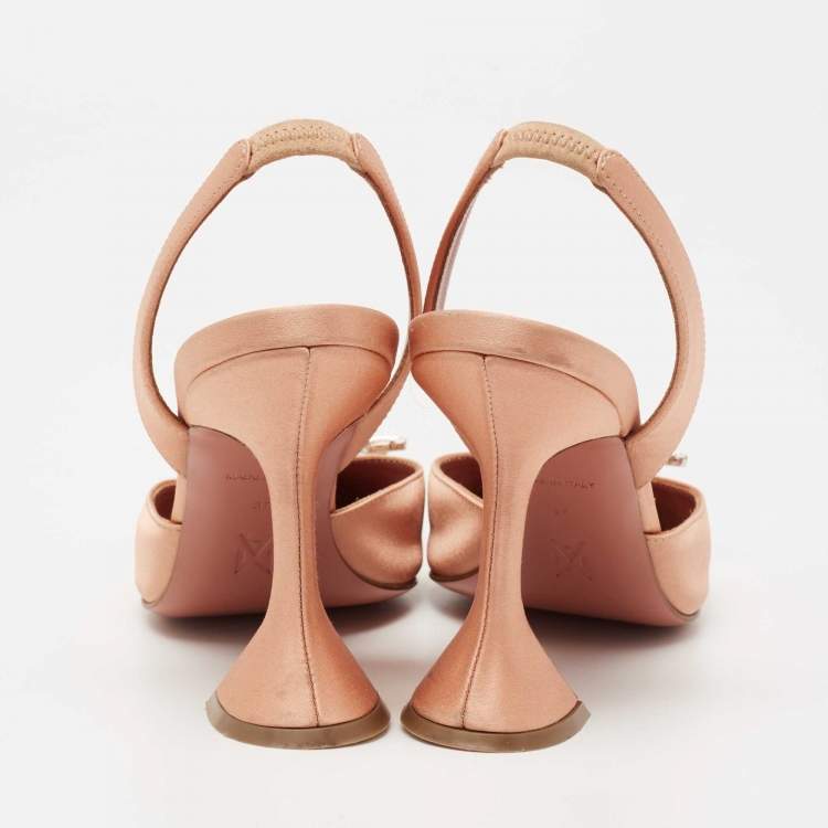 Pre Owned Amina Muaddi Peach Satin Begum Crystal Slingback Pumps Size 37