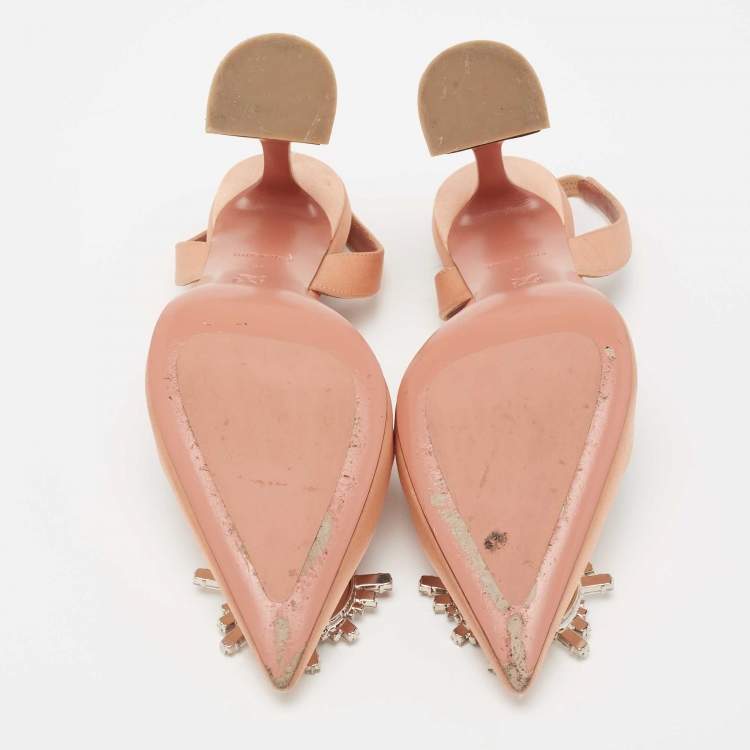 Pre Owned Amina Muaddi Peach Satin Begum Crystal Slingback Pumps Size 37