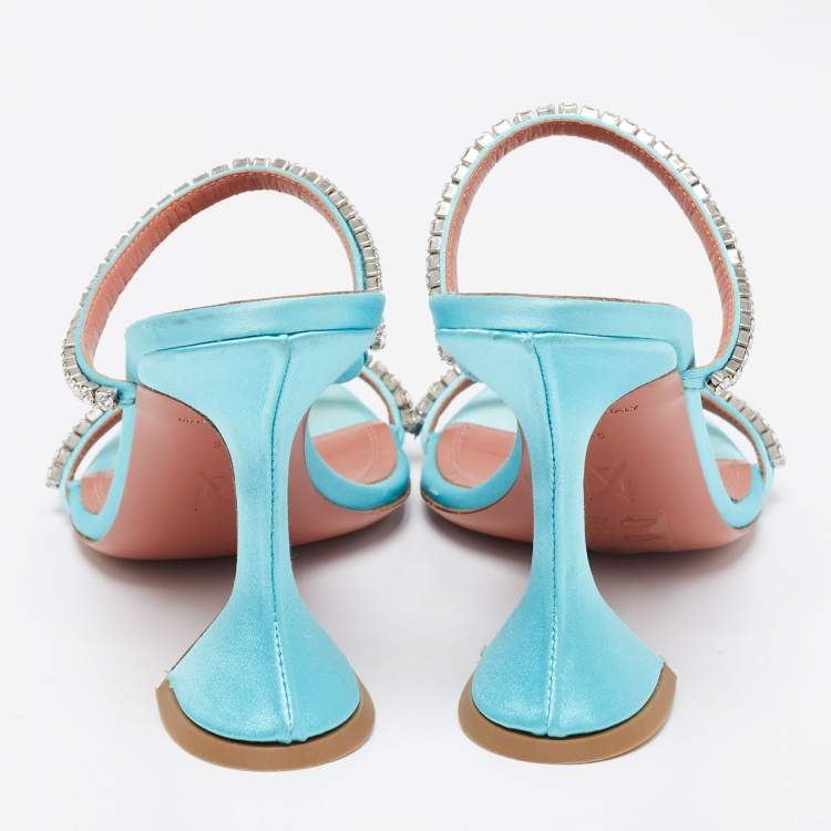 Pre Owned Amina Muaddi  Blue Satin Crystal Embellished Gilda Sandals Size 36