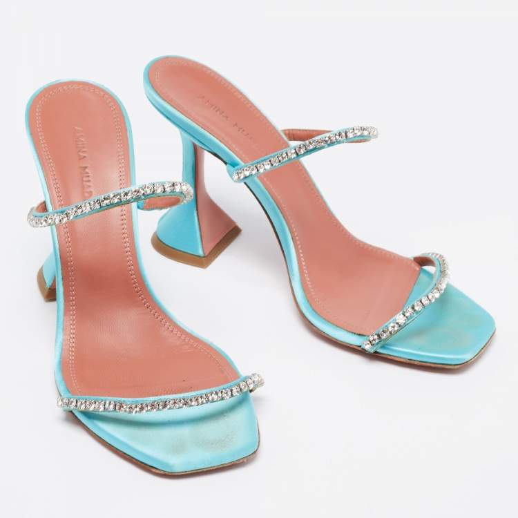 Pre Owned Amina Muaddi  Blue Satin Crystal Embellished Gilda Sandals Size 36