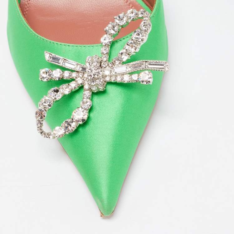 Pre Owned Amina Muaddi Green Satin Rosie Slingback Sandals Size 38
