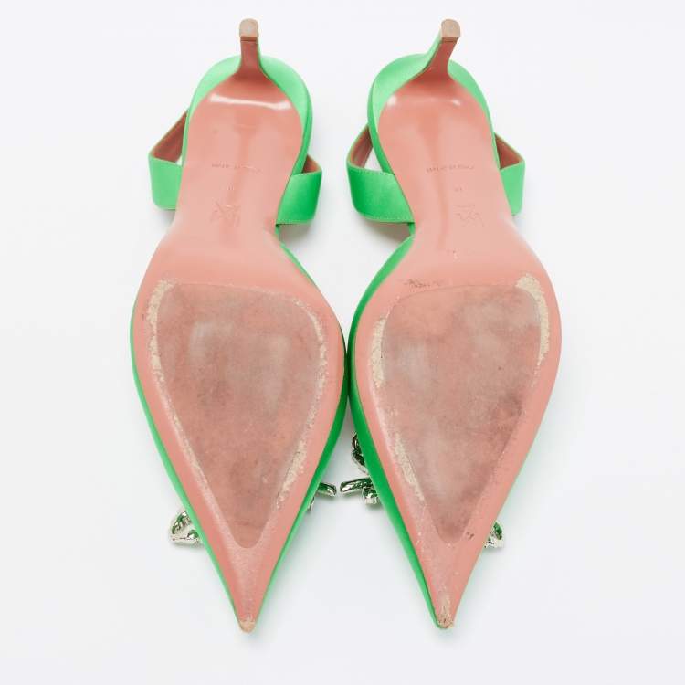 Pre Owned Amina Muaddi Green Satin Rosie Slingback Sandals Size 38
