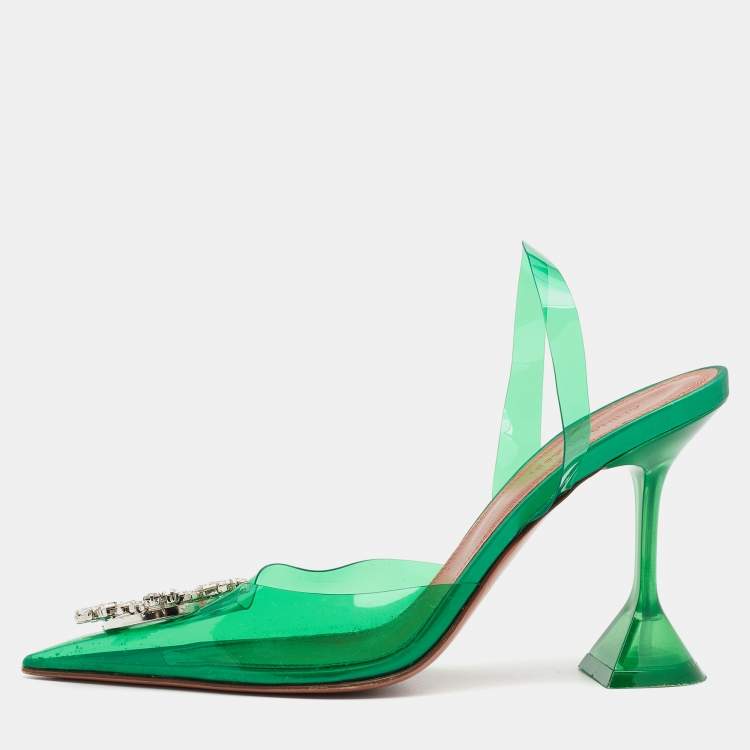 Amina Muaddi Green PVC Begum Crystal Embellished Slingback Sandals 38.5 ...