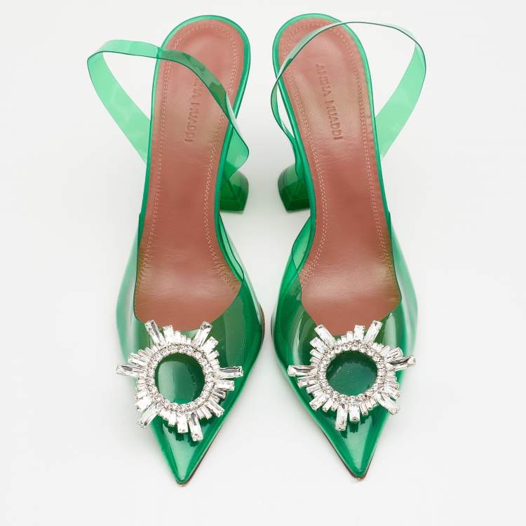 Pre Owned Amina Muaddi Green PVC Begum Crystal Embellished Slingback Sandals 38.5