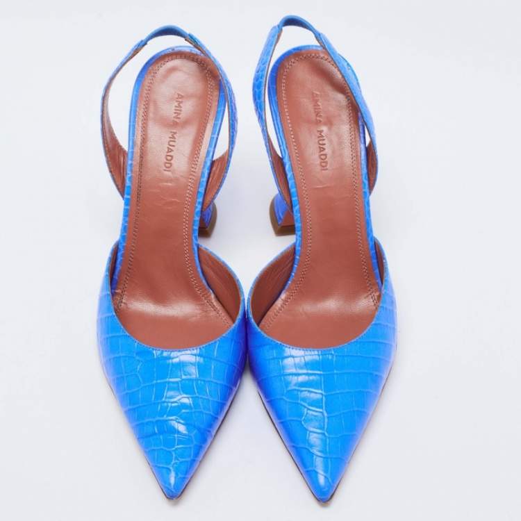 Pre Owned Amina Muaddi Blue Croc Embossed Holli Slingback Sandals Size 38.5