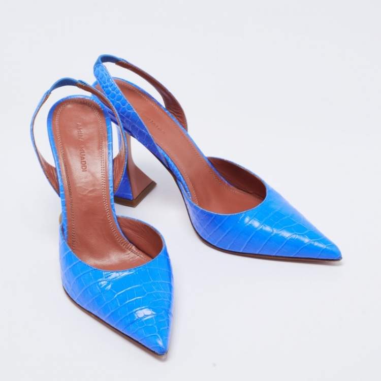 Pre Owned Amina Muaddi Blue Croc Embossed Holli Slingback Sandals Size 38.5