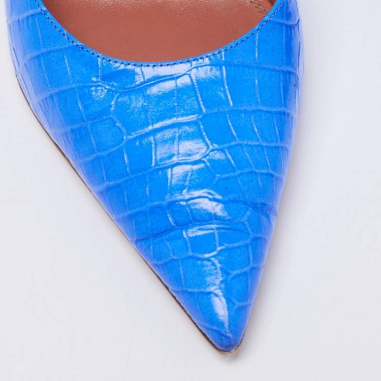 Pre Owned Amina Muaddi Blue Croc Embossed Holli Slingback Sandals Size 38.5