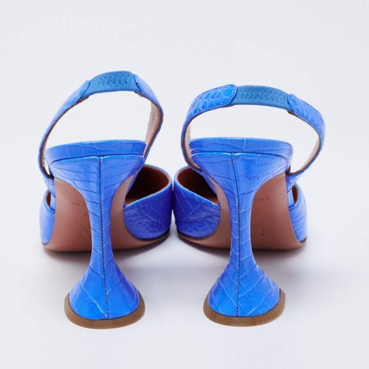 Pre Owned Amina Muaddi Blue Croc Embossed Holli Slingback Sandals Size 38.5