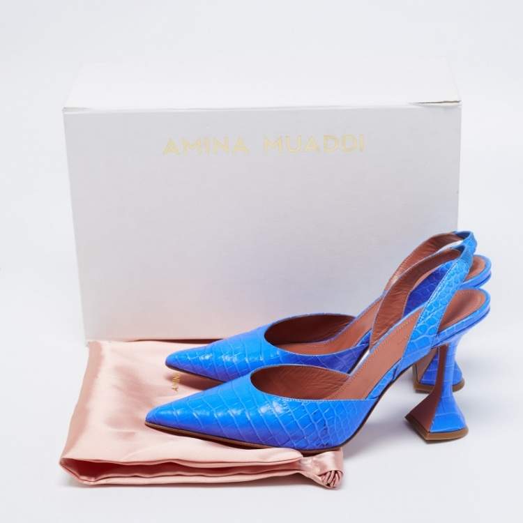 Pre Owned Amina Muaddi Blue Croc Embossed Holli Slingback Sandals Size 38.5