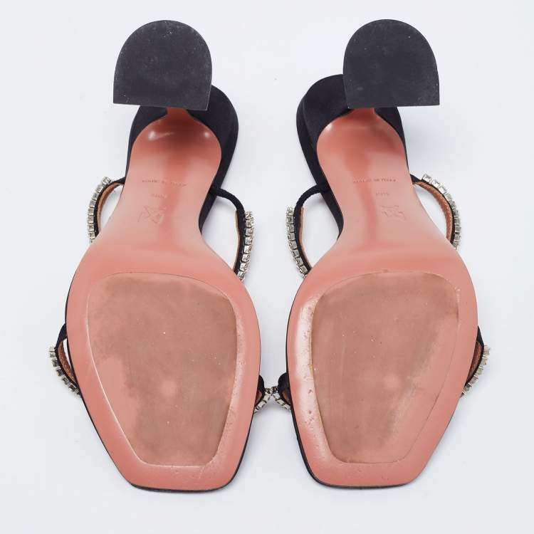 Pre Owned Amina Muaddi Black Satin Crystal Embellished Gilda Slide Sandals Size 38.5