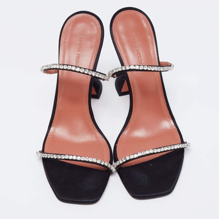 Pre Owned Amina Muaddi Black Satin Crystal Embellished Gilda Slide Sandals Size 38.5