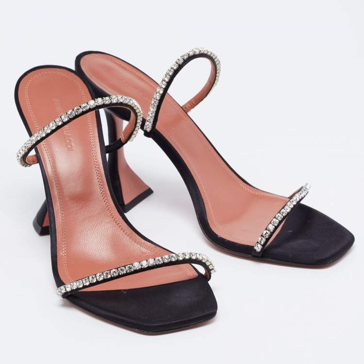 Pre Owned Amina Muaddi Black Satin Crystal Embellished Gilda Slide Sandals Size 38.5