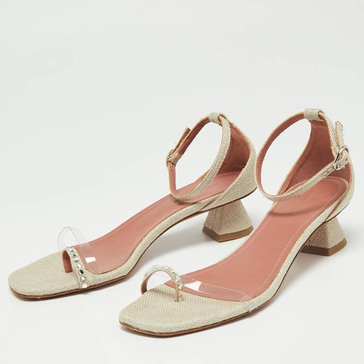 مملوكة مسبقًا Amina Muaddi Beige Canvas, PVC and Crystal Embellished Suede Oya Ankle Strap Sandals Size 37