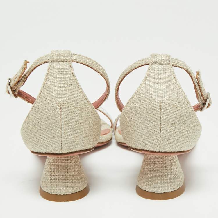 مملوكة مسبقًا Amina Muaddi Beige Canvas, PVC and Crystal Embellished Suede Oya Ankle Strap Sandals Size 37