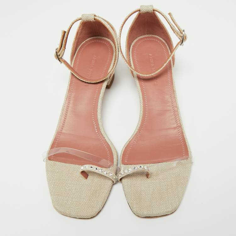 مملوكة مسبقًا Amina Muaddi Beige Canvas, PVC and Crystal Embellished Suede Oya Ankle Strap Sandals Size 37
