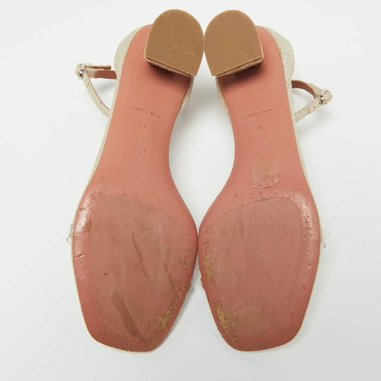 مملوكة مسبقًا Amina Muaddi Beige Canvas, PVC and Crystal Embellished Suede Oya Ankle Strap Sandals Size 37