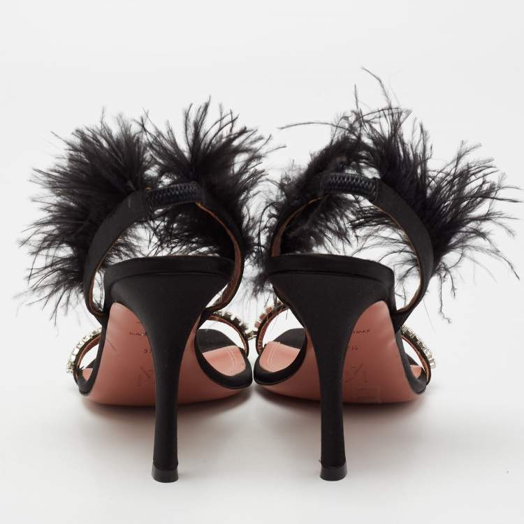 مملوكة مسبقًا Amina Muaddi Black Crystal Embellished Satin and Feather Adwoa Slingback Sandals Size 37.5